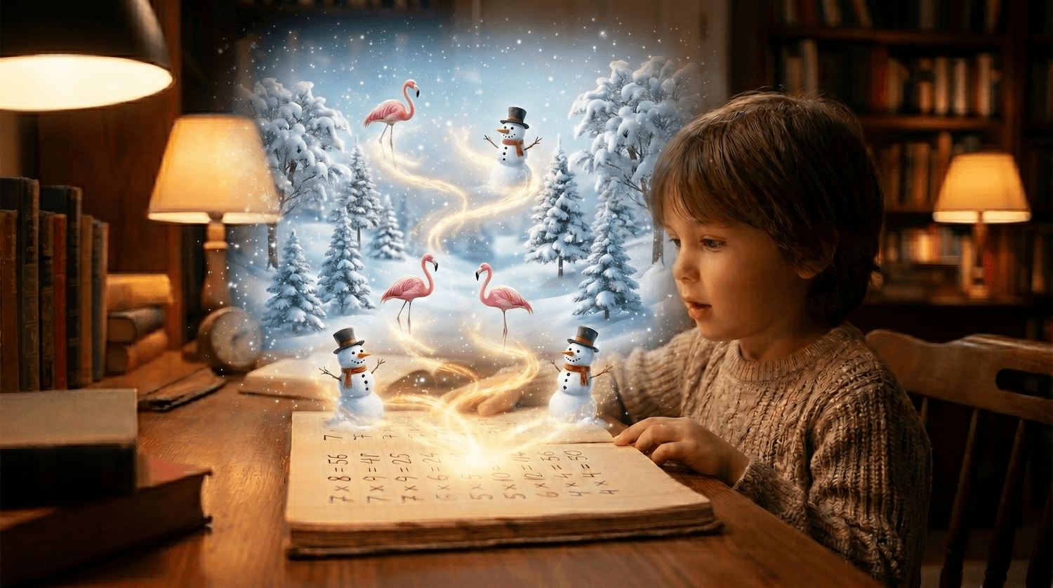 Young boy reading a glowing magical book at a cozy wooden desk