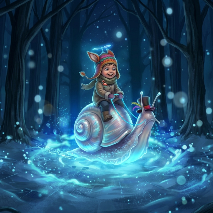 Child riding a glowing snail illustration for emotion and play