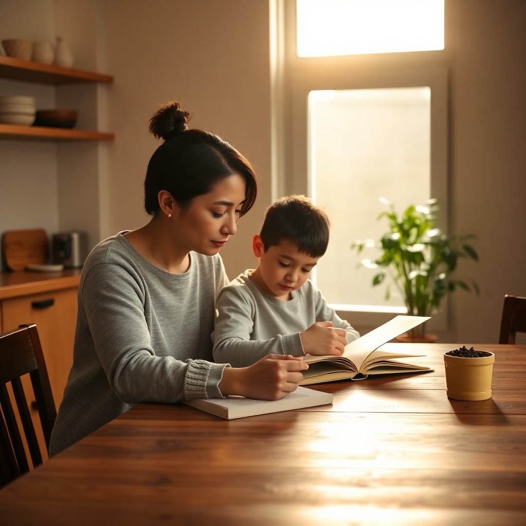 parent and child reading together at a kitchen table