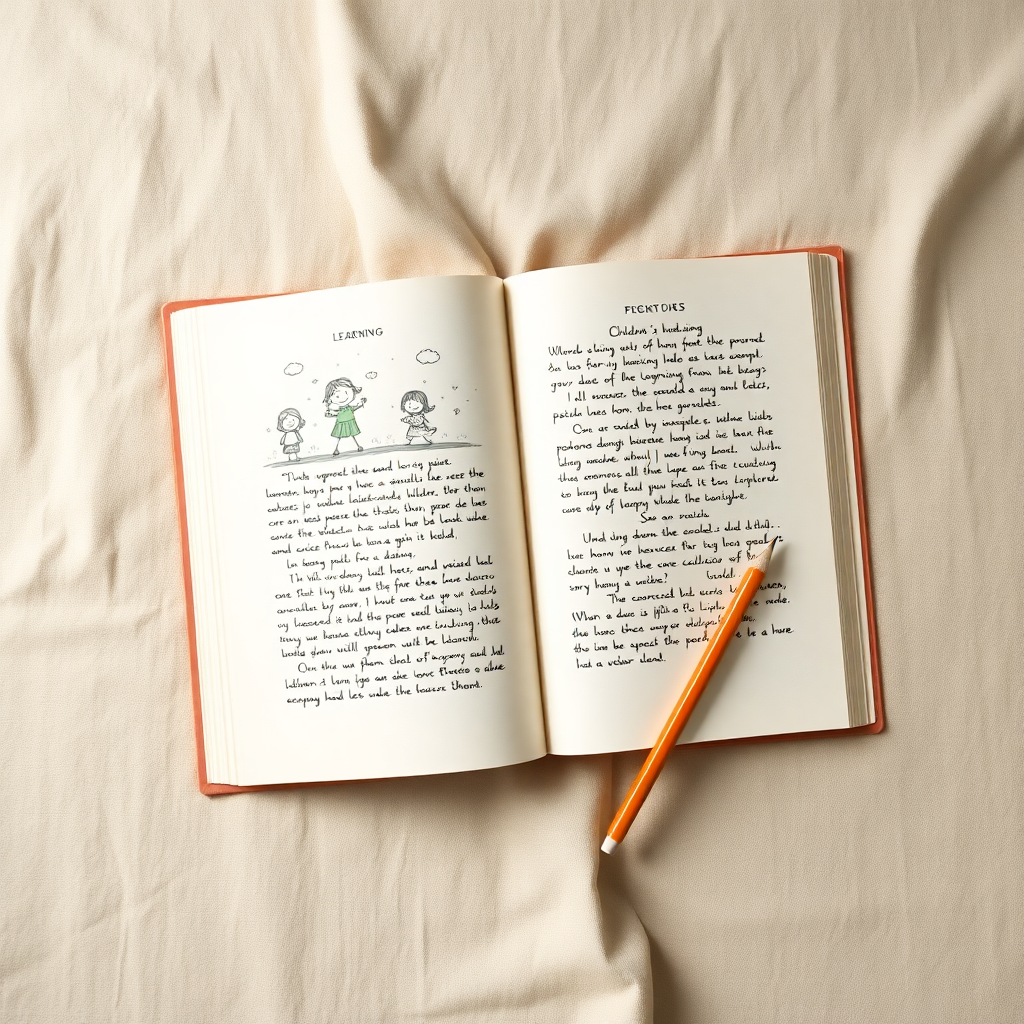 open illustrated children's learning book with handwritten notes