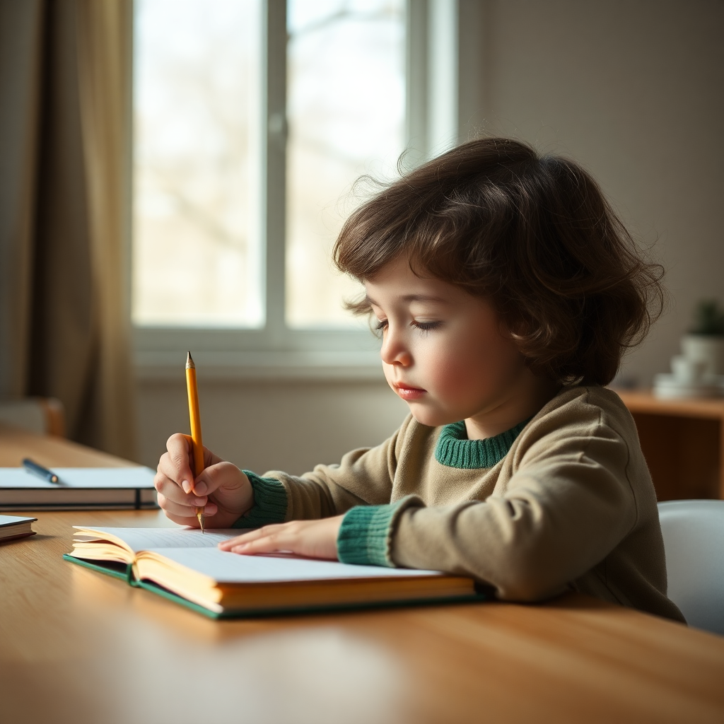 child writing multiplication stories in a notebook